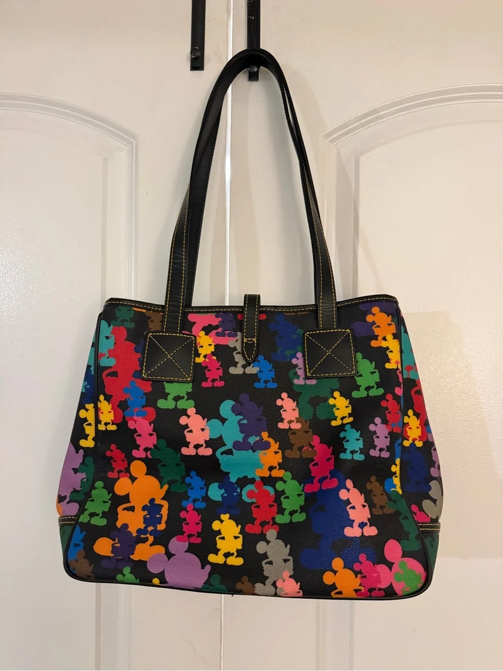 Disney Dooney & Bourke Black Multicolor Mickey Print Tote Purse Black Leather